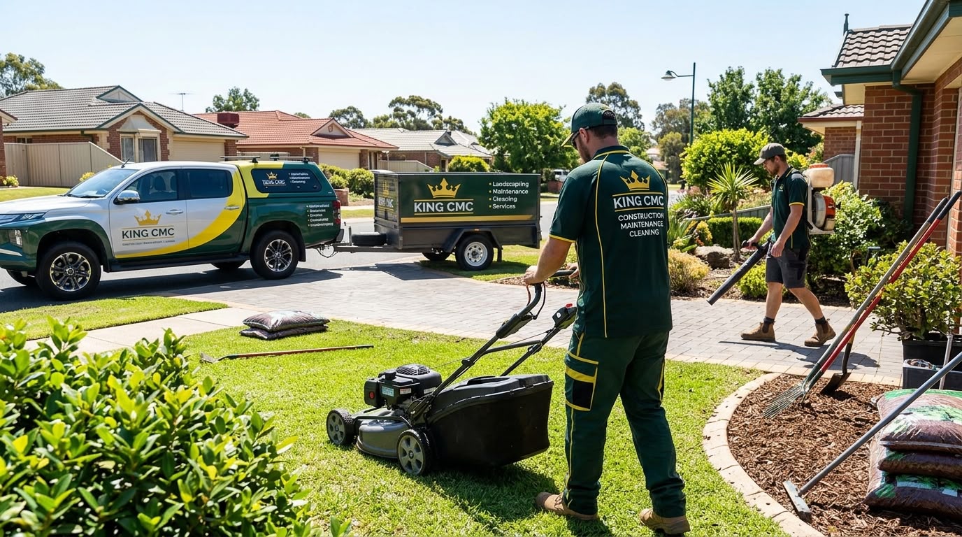 King CMC operative mowing grounds beside a branded King CMC truck