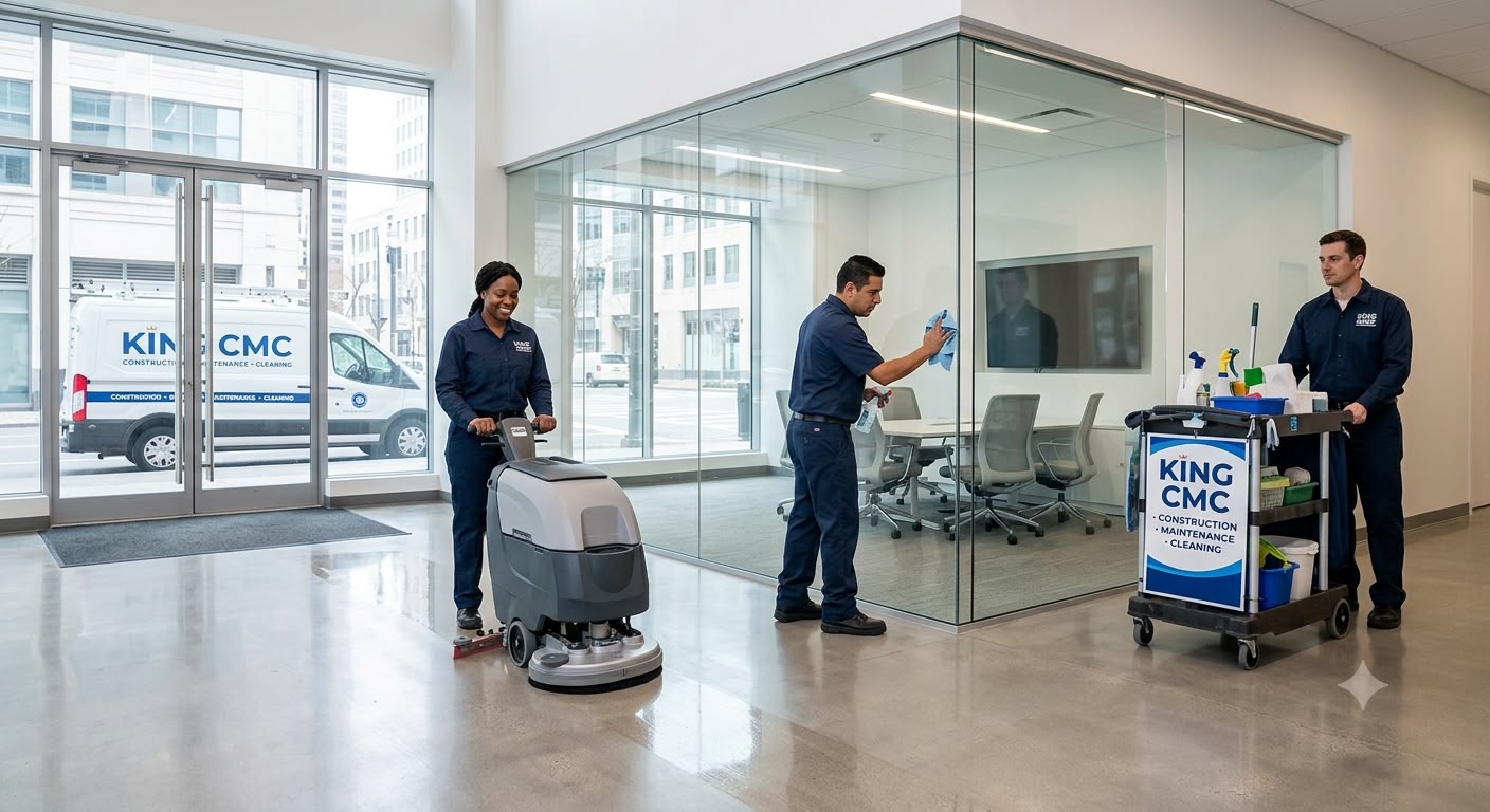 King CMC cleaning crew operating floor scrubbers in a glass-walled office