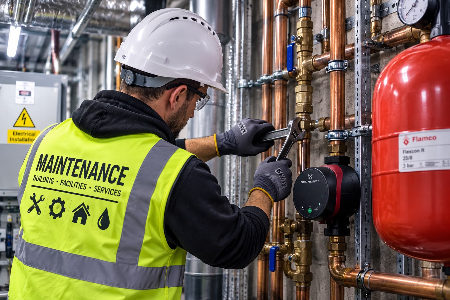 King CMC maintenance engineer servicing copper pipework in a plant room