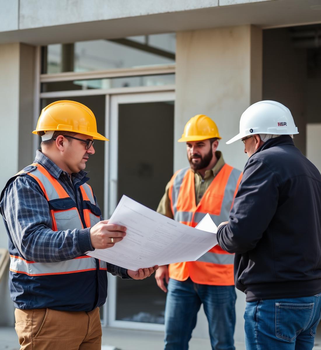 King CMC foreman reviewing drawings with two crew members on site